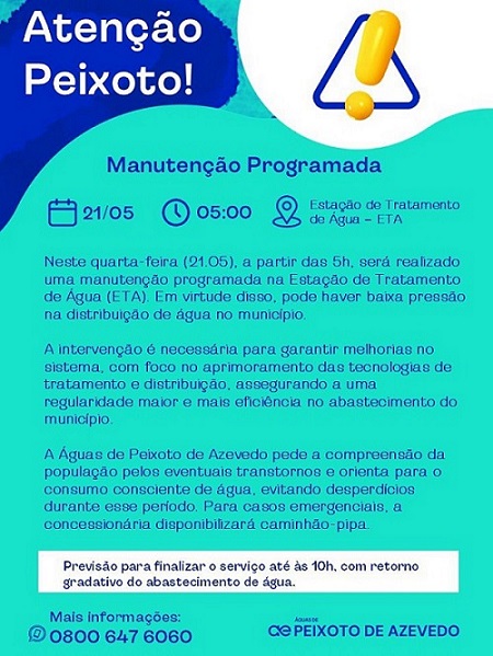 APA informa Manutenção Programada para o dia 21 de maio
